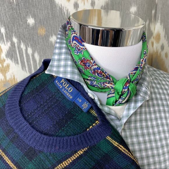 Polo Ralph Lauren Tartan Plaid Merino Wool & Suede Crewneck Sweater - Picture 3 of 16